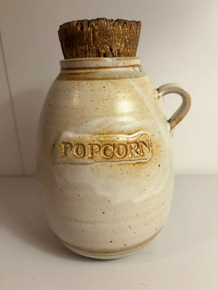 Vintage Tostoe Stoneware Popcorn Jar With a Bark Stopper