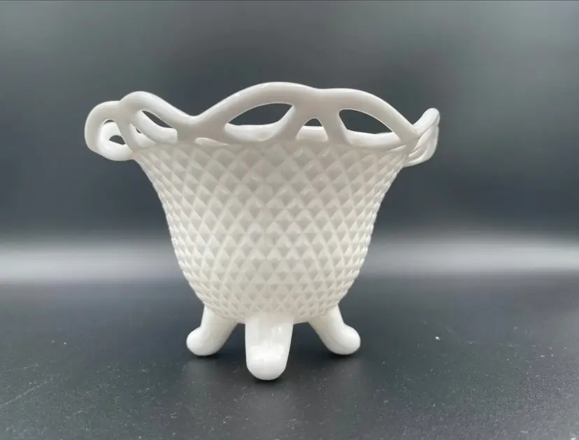 Vintage Imperial Glass Milk Glass, Footed and Laced Edge Diamond Point Spooner/Candy Dish