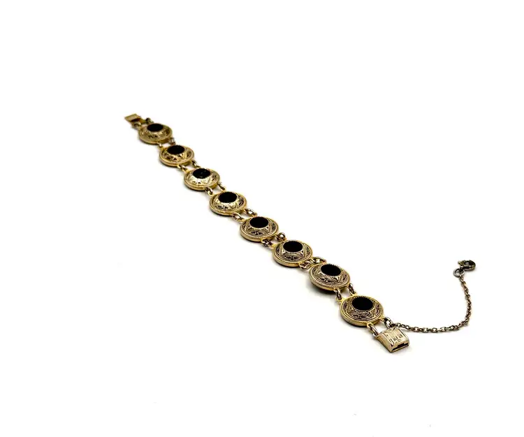 Damascene Bracelet With Chain Guard And Black Gemstone 7”