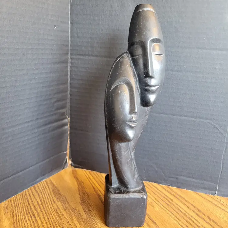 Vintage Black Ceramic Abstract Chalkware Lovers Statue  Intertwined Faces 13"