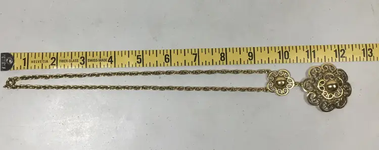 Shining gold tone 19" necklace, open work 2 flower pendants, spring ring clasp