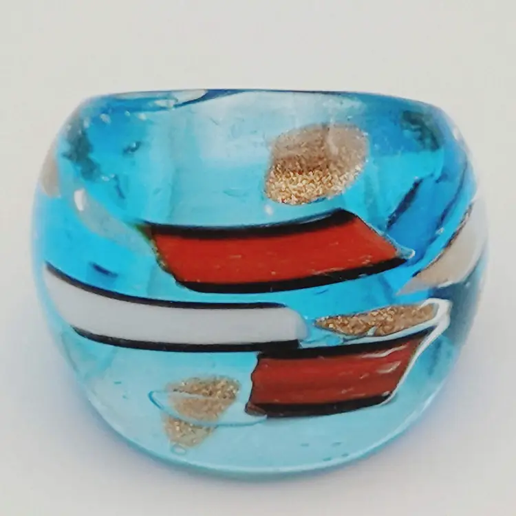 Boho Blue Red Copper Geometric Chunky Dome Hand Blown Art Glass Ring Size 7