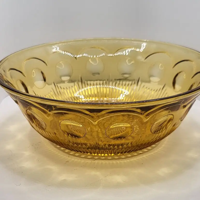 Vintage 1950's Bartlett Collins "Manhattan" Amber Glass Bowl with Circle Pattern 8 1/2"
