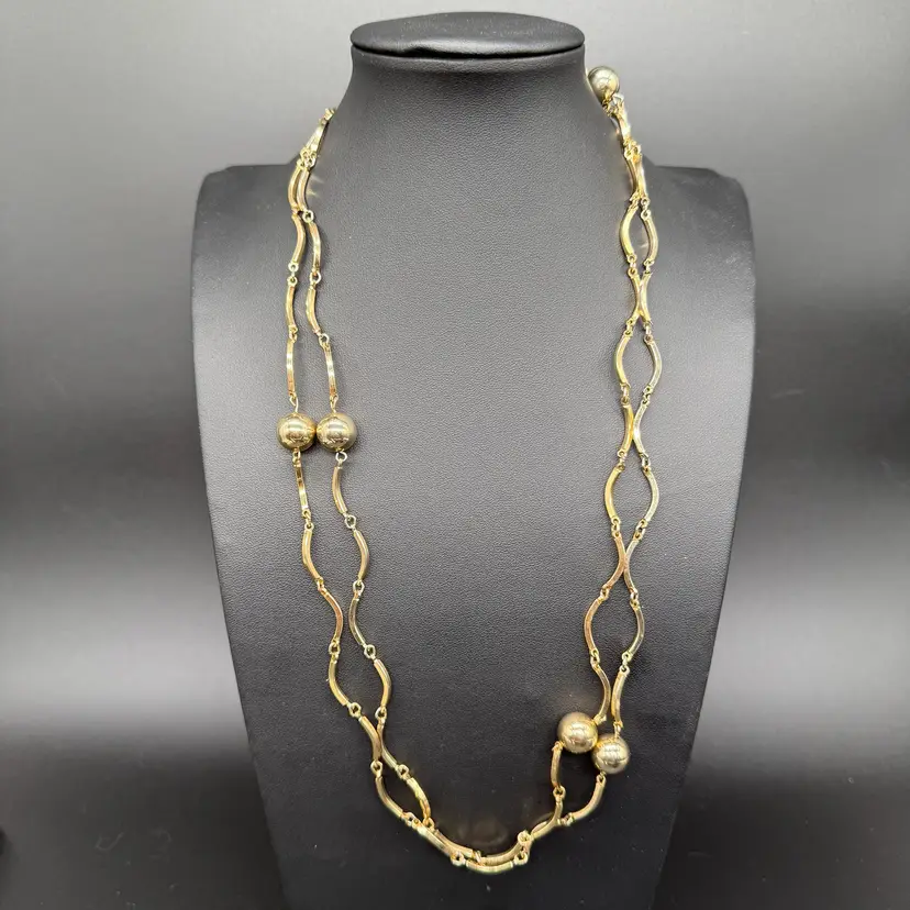 48” Gold Tone Metal Wavy Links And Balls Modernist Necklace
