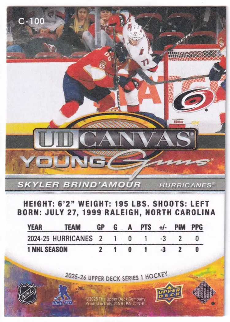 2025-26 Upper Deck UD Canvas #C100 Skyler Brind'Amour YG Carolina Hurricanes Hockey Card