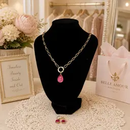 Vintage Gold Tone Necklace & Earring Set | Faceted Fuchsia Pink Crystal Pendant | Statement Jewelry Set
