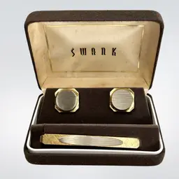SWANK Cufflinks & Tie Clip in Box. Classic 3-Piece Matching Set. Tones of Gold & Silver.