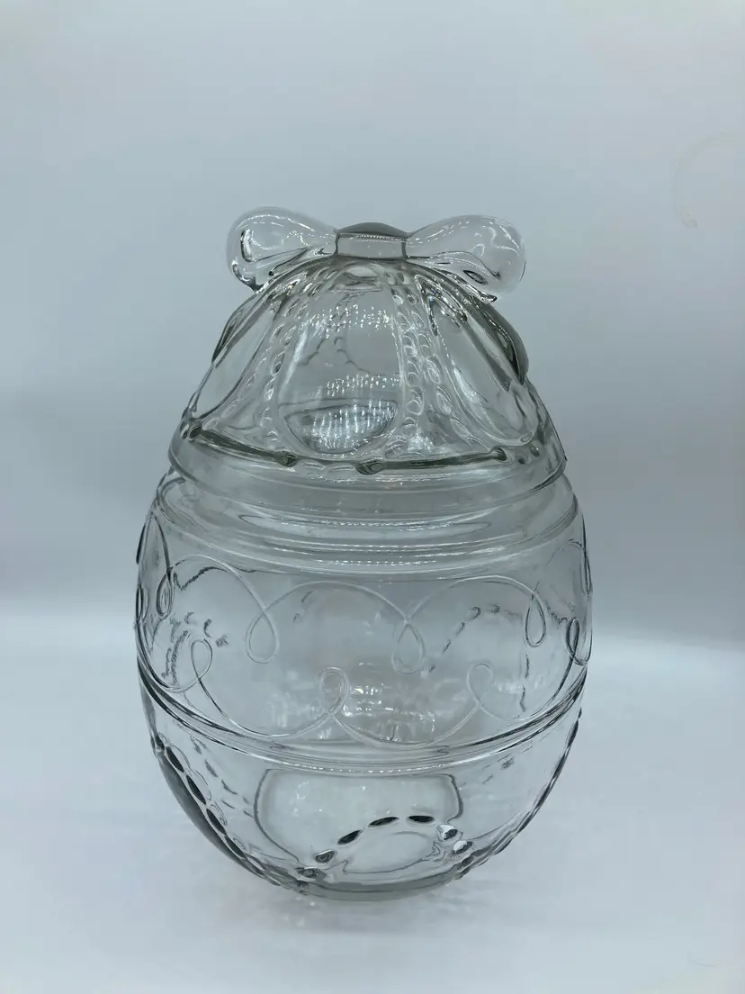 Vintage Anchor Hocking Glass Large Easter Egg Canister Jar Bow on Top