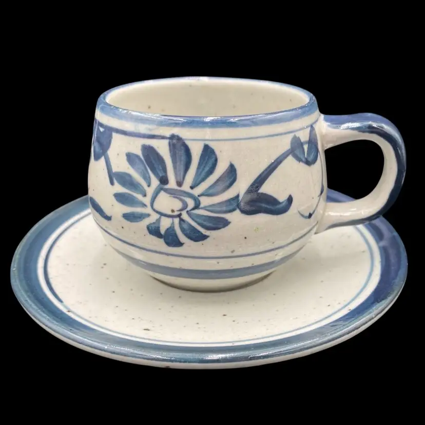 Handmade Art Pottery Grey and Blue Chrysanthemum Stoneware Cup & Saucer
