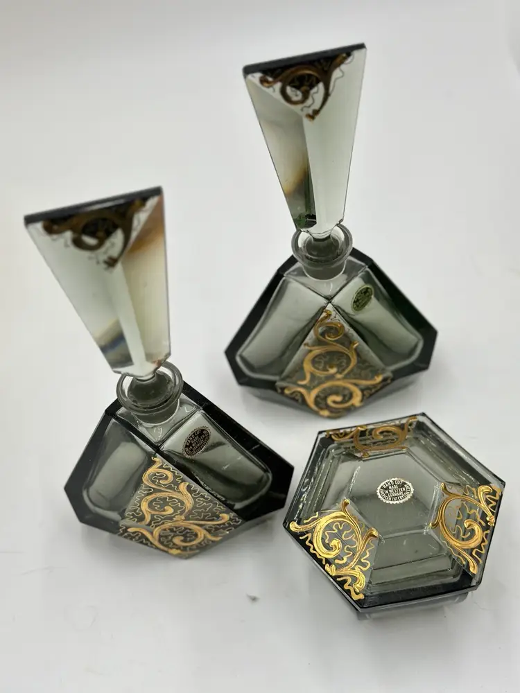 Hand Cut Crystal Perfume Bottles And Trinket Box W. Germany 3 Pc. Set