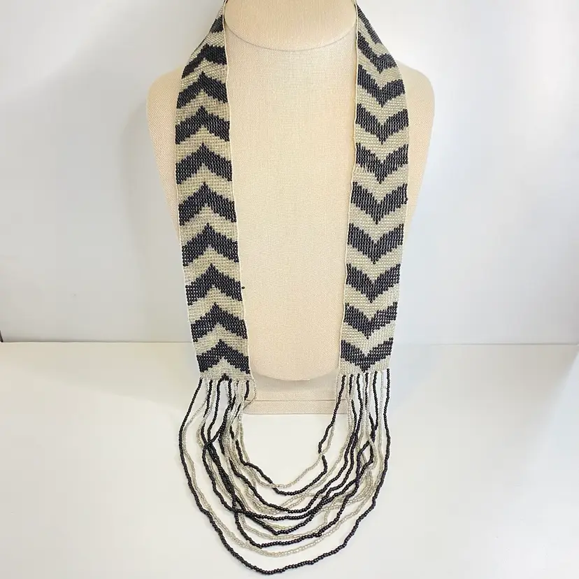 #02 Vintage Artisan Handwoven Necklace Chevron Fringe Black Clear Seed Beads 33”