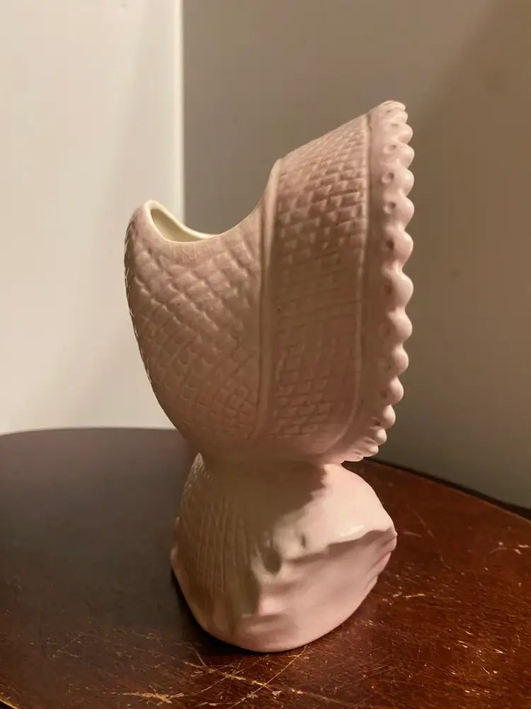 Lovely Vintage Baby Girl Head Vase Planter Pink Ruffled Hat with Florals