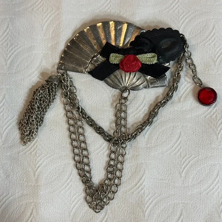 Vintage Silver Tone Goth Style Fan Brooch With Black Mask Rose Chains Tassel And Red Acrylic Bead