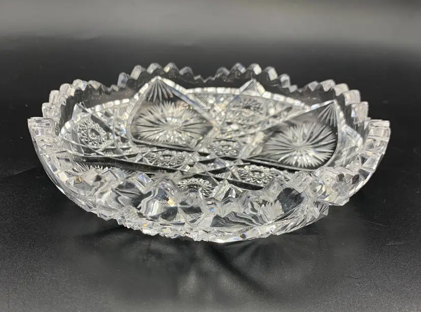 #26 ~ American Brilliant Period Centerpiece Cut Crystal Dish Sawtooth Stars Circa 1876 1920