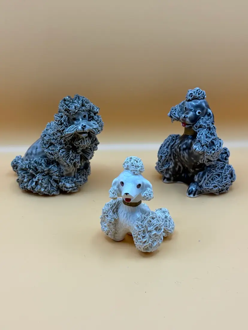 Set of 3 Vintage 1950s Ceramic Spaghetti Poodle Figurines White and Gray