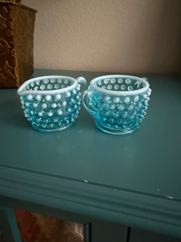 Vintage Fenton Blue Opalescent Hobnail Creamer & Sugar Set, Art Glass Mid Century 2” tall mini