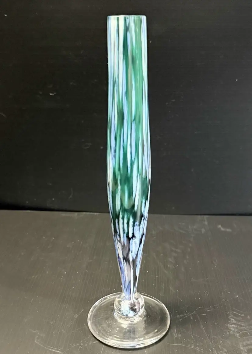 Art Glass Bud Vase Stretch Glass Ball Bottom White Blue Green Swirl Cased Glass