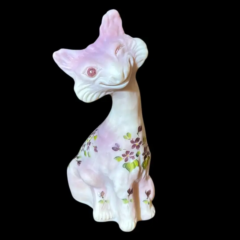 Fenton Burmese GLOWS Rosalene Satin Glass Violets Alley Cat - 11” RARE Signed L. Fleming