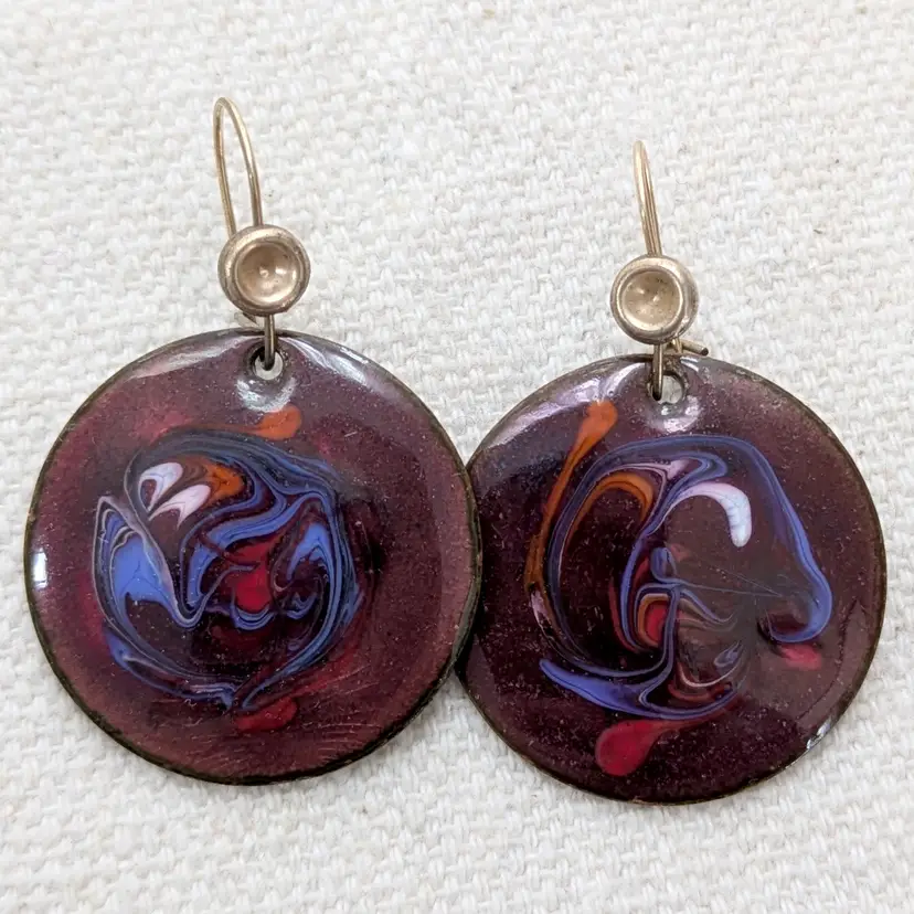 Enamel on Copper Purple Red Blue Swirl Earrings