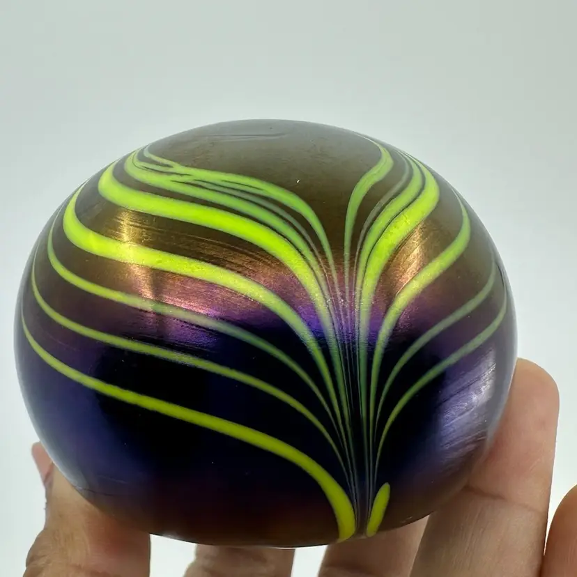 W E Porter Studio Art Glass Peacock Feather Design 1984 Iridescent Paperweight Signed