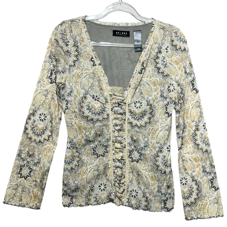 VTG Y2K Axcess Mesh Nylon Ruffle Edge V Neck Long Sleeve Boho Mandala Top Rouged