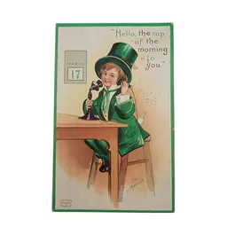 Vintage 1910 German St. Patricks Day Postcard With Boy In Green Outfit Talking On Telephone