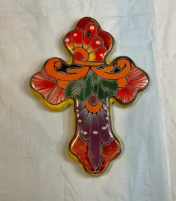 Mexican red clay cross, multicolored, 6” tall, 4 1/2” across, pretty scalloped edges
