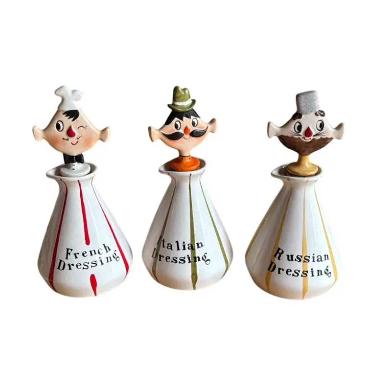 Vintage 1959 Holt Howard French, Italian & Russian Salad Dressing Cruet Set - With Original Stickers