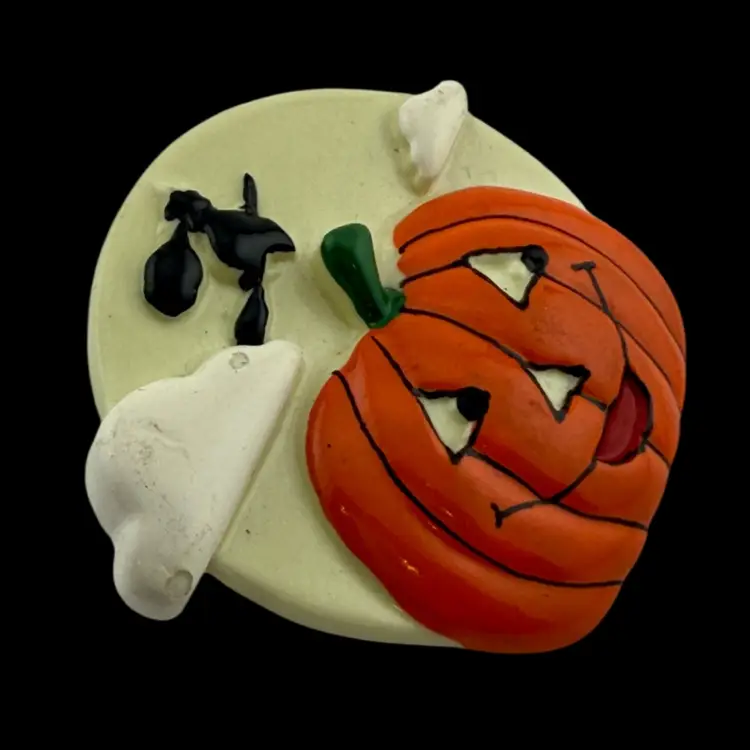 Glow In The Dark Ceramic Moon Witch And Jack-o'-lantern Brooch 1 1/2"