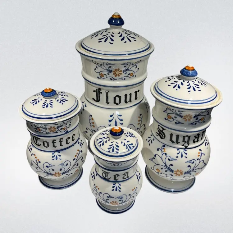 4 Pc. Vintage Canister Set- by Royal Sealy- "Heritage" Pattern-  Flour- 10" Tall, Crack in Lid Pictured, Sugar- 8" Tall, Coffee- 6.5" Tall - SmallChip on Rim Pictured, Tea 5.25" Tall