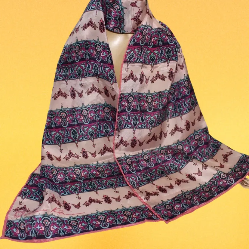 Vintage NOS Anne Klein Arabesque Design Scarf, All Silk Hand Rolled Oblong 44"x10"