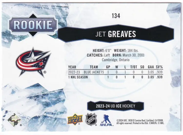 2023-24 Upper Deck Ice #134 Jet Greaves RC Columbus Blue Jackets Hockey Card