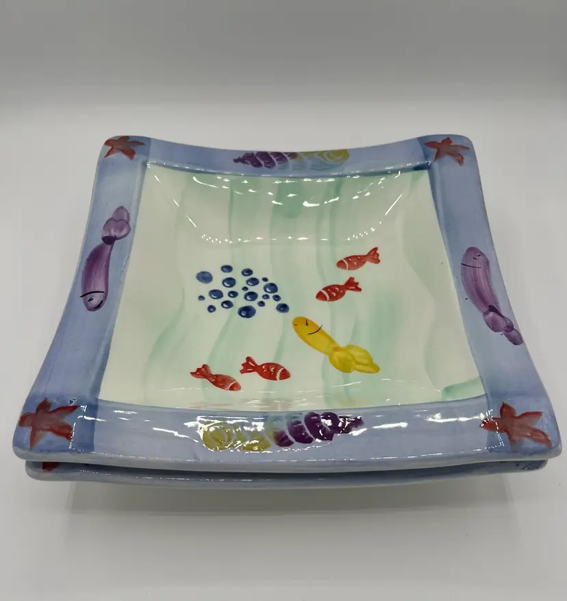 Italian Made Majolica Fun Ocean Themed Square Plates/Trays - Set Of 2