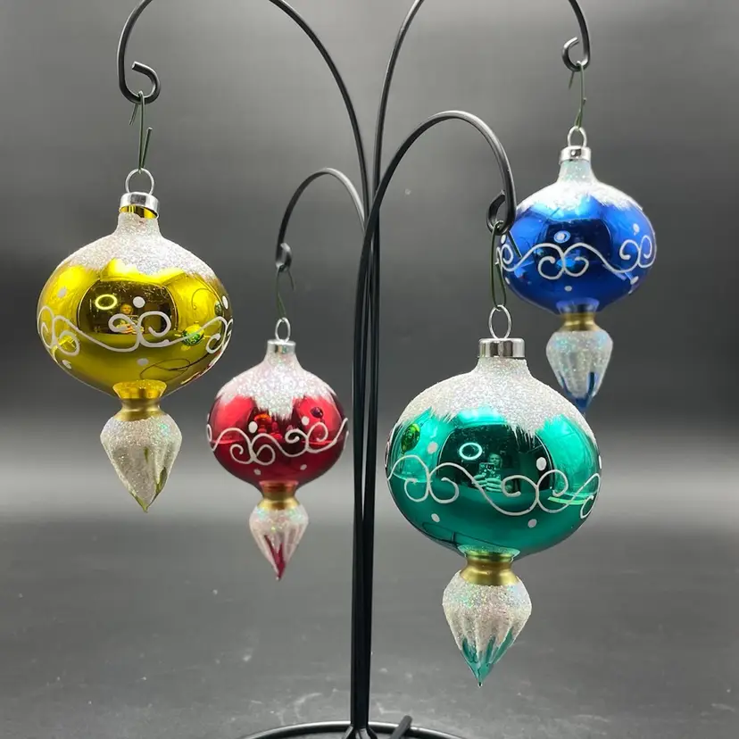 Blown Glass Finial Hanging Christmas Ornaments Set of 4 Blue Red Yellow Green