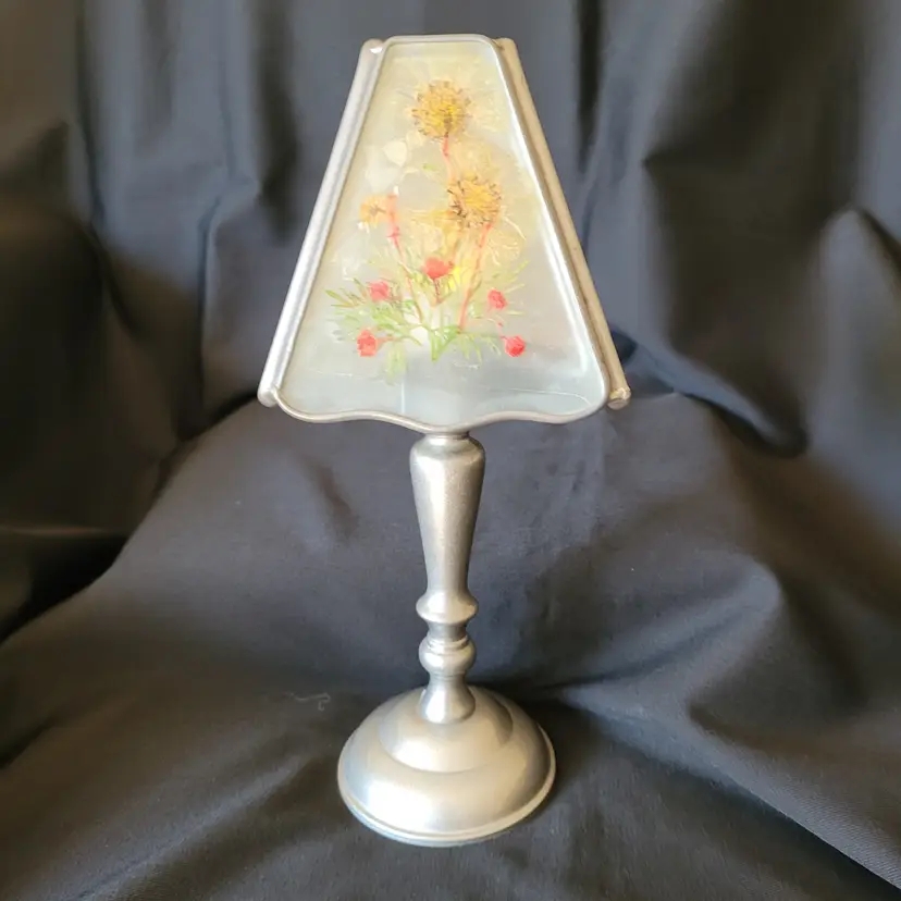Tea Light Lamp Glass W/Pressed Flowers Pewter Look 10.5 in Tall