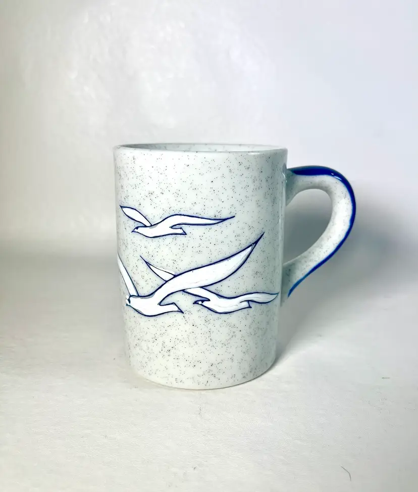 VTG Otagiri Seagulls Stoneware Mug 10oz Nautical MCM Gray Specked Blue Handle