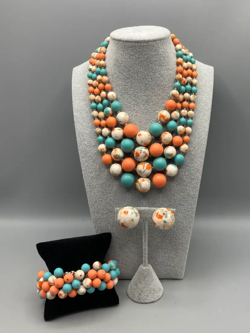Vintage Orange Turquois and White Beaded 4 Strand Necklace, Bracelet, and Clip-on Earrings Silver Tone - Made in Japan