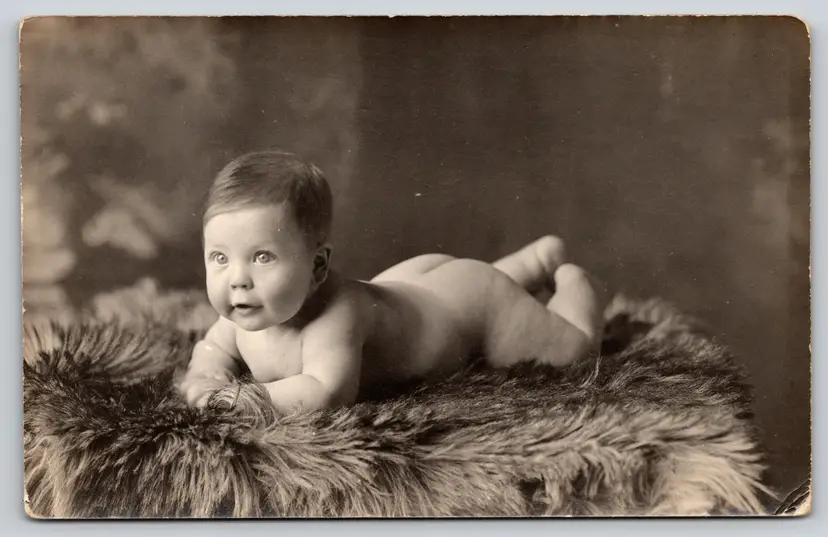 Postcard RPPC Bare Bottom Baby Lying on Fur Real Photo Children -  9334
