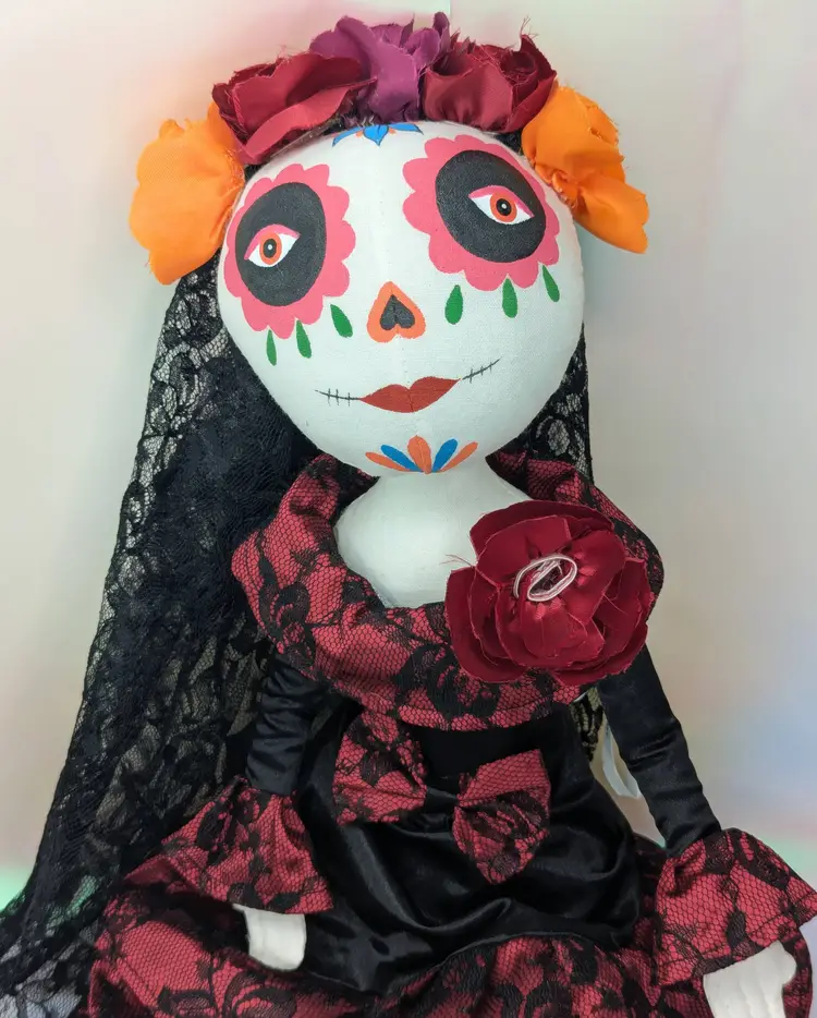 Day Of the Dead - Dia de los Muertos Cloth Doll 24in weighted Shelf Sitter Red black lace dress sugar skull catrina
