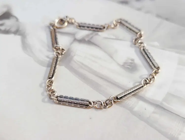 Vintage 10k Yellow Gold Etched Pocket Watch Chain Bar Link Bracelet - 7" -  3.3g