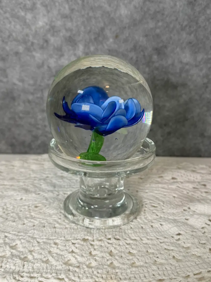 Art Glass Blue Flower Paperweight β Hand Blown Floral Sphere w/ Green Stem β Approx. 3β Glass Stand Included