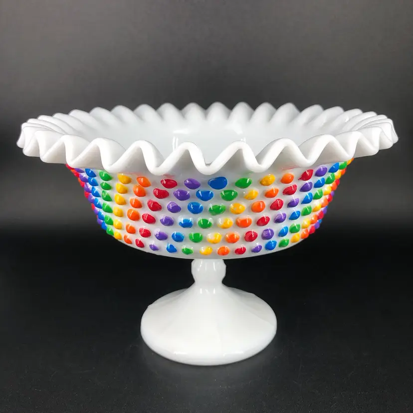 Vintage Fenton HandPainted Rainbow Hobnail Milk Glass Footed Pedestal Candy Dish
