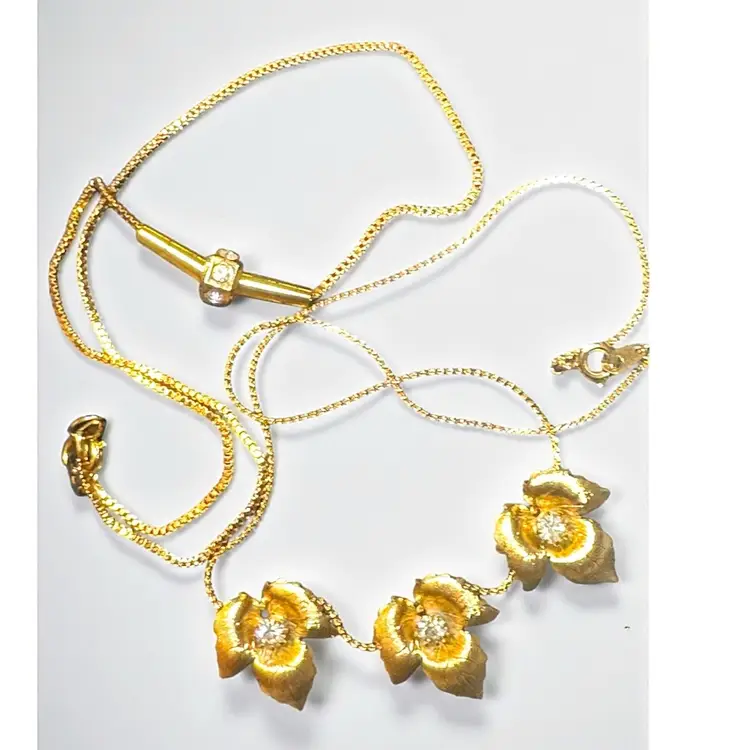 2 Vintage Petite Rhinestone Gold Tone Necklaces 14”