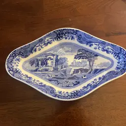 Blue and white transfer-printed Spode Italian pattern porcelain pickle dish. 1950-1970s  8.5” By 5.5”