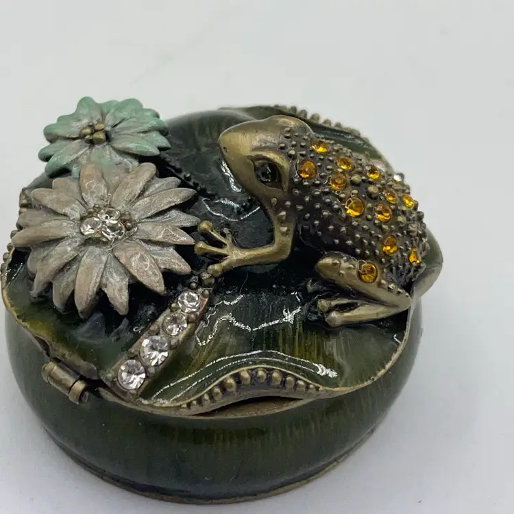 05-Enameled Frog On Lily Pad Rhinestones Flowers  Split Storage Trinket Pill Box 2”