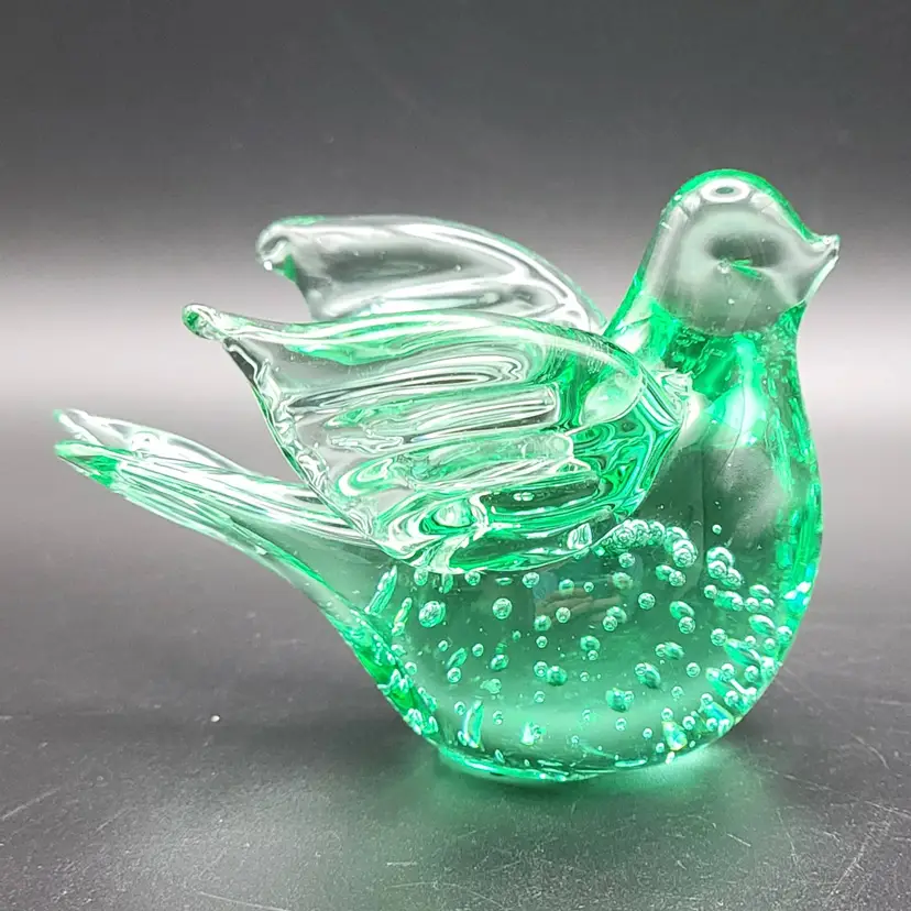 Vintage 1985 Enesco Green Glass Bird Paperweight
