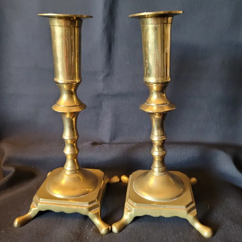 Pair of Brass Made in India Candle Holders Footed 7.25 inches Tall