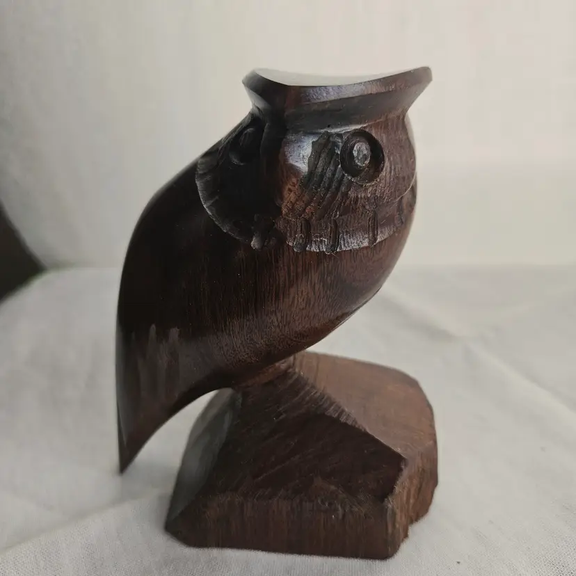 Carved Wood Ironwood Horned Owl Bird Figurine