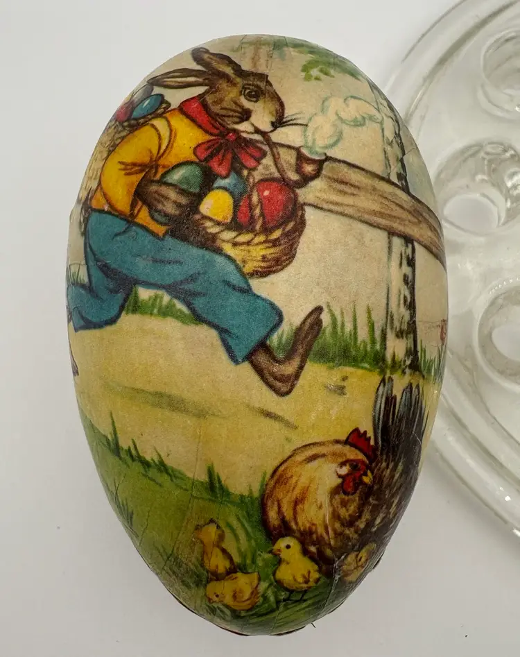 Old German Paper Mache Easter Egg Candy Container Bunny Rabbit 3 1/4” Lace Trim