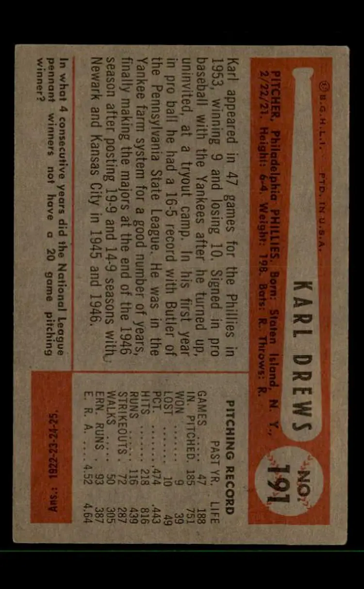 1954 Bowman #191 Karl Drews - (pk-tl3) - Philadelphia Phillies